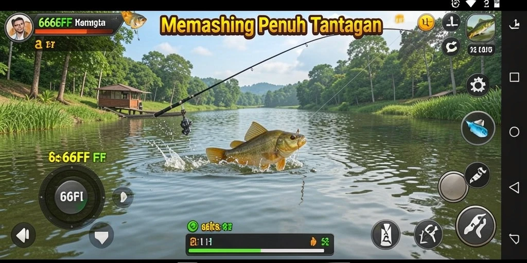 Screenshot gameplay 666FF menampilkan aksi memancing yang seru.