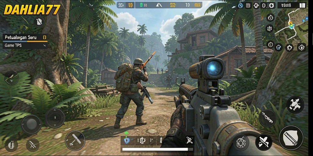 Tampilan seru gameplay DAHLIA77 dalam pertempuran TPS.