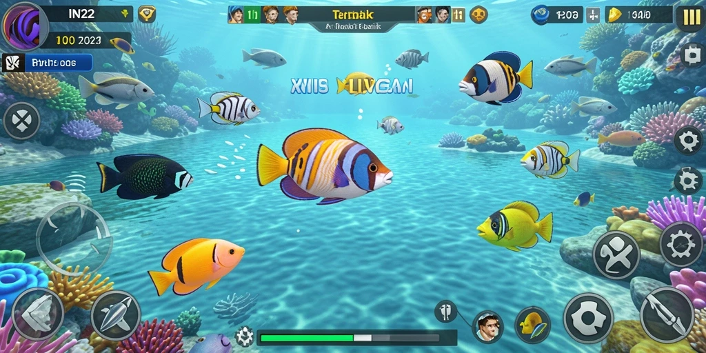 Tangkapan layar utama IN22 menampilkan aksi menembak ikan yang seru.