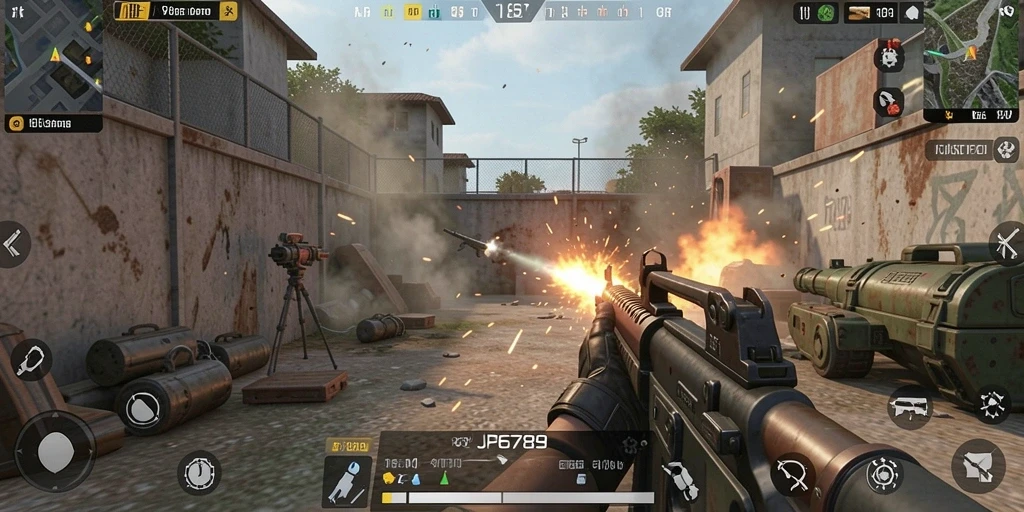 Screenshot menampilkan aksi intens di game FPS JP6789.