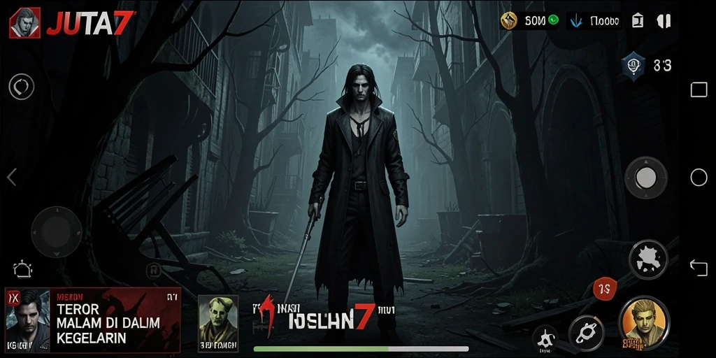 Screenshot menampilkan ketegangan dalam gameplay JUTA7 di lingkungan angker.