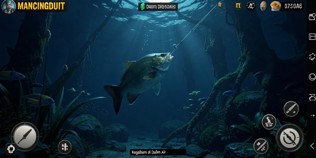 Tampak gameplay mencekam dengan makhluk misterius di dalam air.