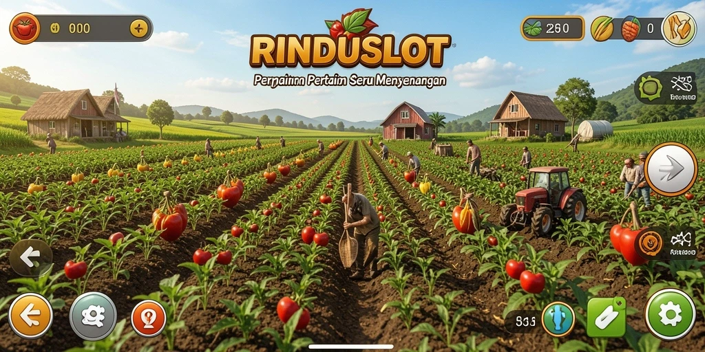 Screenshot utama RINDUSLOT menampilkan petani yang sedang merawat tanaman.