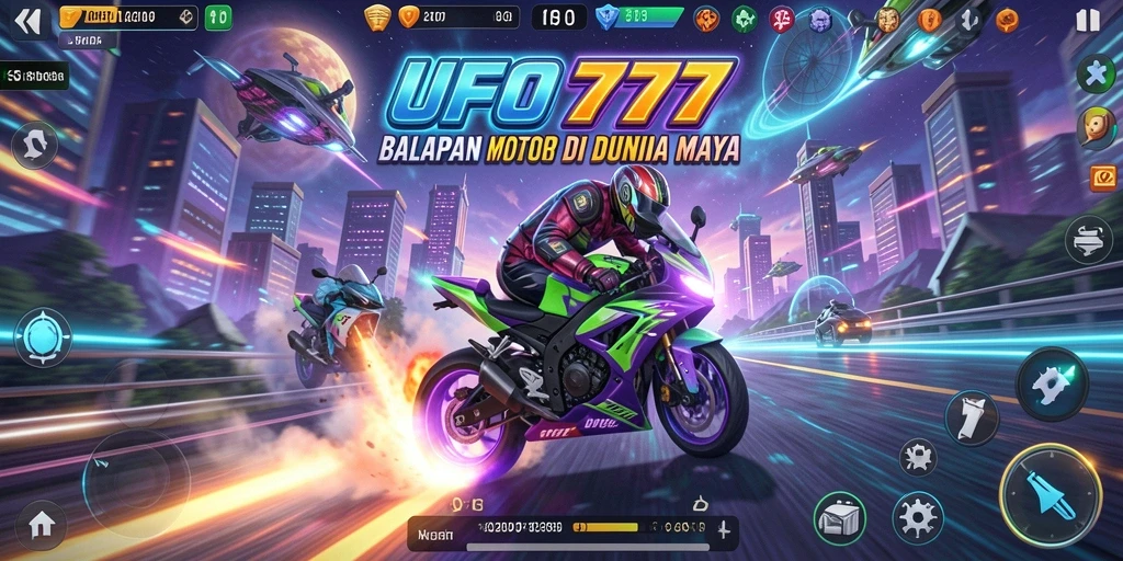 Tampilan gameplay seru dalam balapan motor UFO777.
